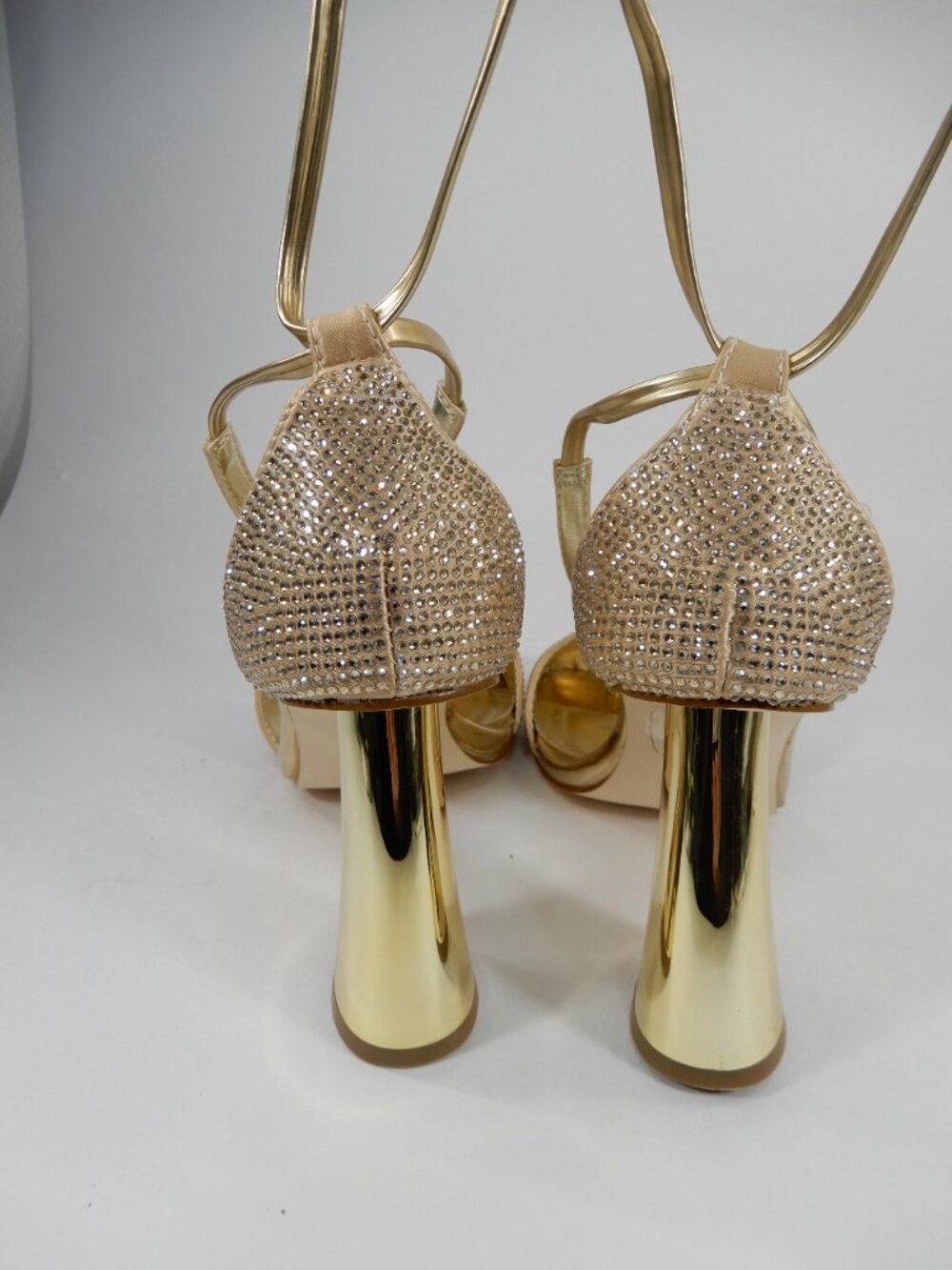 AZALEA WANG Builany Pump Sandals 7 Gold Rhinestone Lace-Up Heels Square Toe NEW - Picture 8 of 14